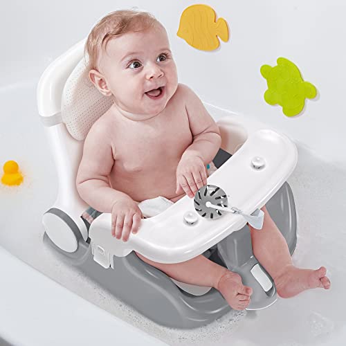BabyBond Baby Bath Seat with Sitting & Lying 2 Modes, 3-Speed Adjustment, Powerful Suction Cups, Infant Bathtub Chair with Washable Pillow, Folding and Hanging