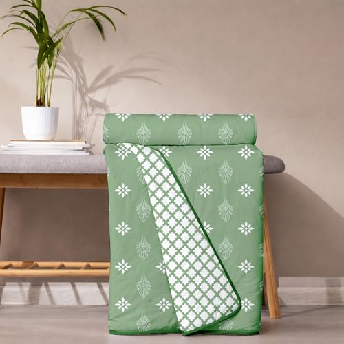 Image of Danip 100% Cotton Reversible AC Dohar Blanket, Throw - Printed Soft, Skin-Friendly, Lightweight & Ideal for All-Weather - 3 Layered Single Bed Dohar for AC Rooms (56 x 88 Inches) - L Green & White