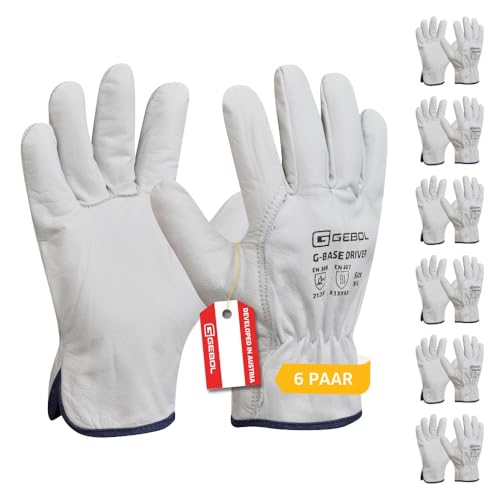 Gebol G-Base Driver, 6 Paar Arbeitshandschuhe Herren aus hochwertigem Büffelleder, robuste Lederhandschuhe für Garten, Werkstatt & Montage, Schutzhandschuhe Gr. L (Gr.9), Weiß