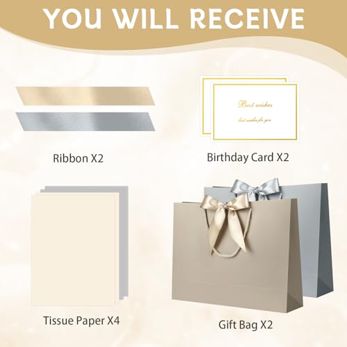 Image of JMANNI Gift Bags with Handles, 11 inch Small Gift Bag for Presents, 2 Pcs Bags with 4 Tissue Paper and 2 Cards for Graduation Baby Shower Wedding Fathers Day Mother's Day Birthday Party (Golden-Silver)