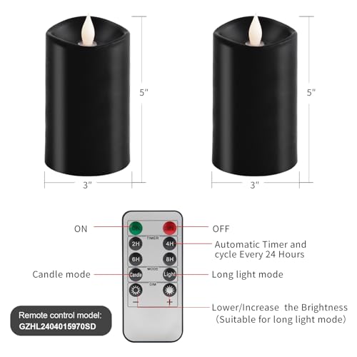 Image of 3″x5″ Flickering Flameless Candles Set of 2, 2AA Battery Life 600 Hours Battery Candles Flickering with Timer,5 inch Flameless Candles with Remote for Christmas Decorations Indoor /Outdoor, Black