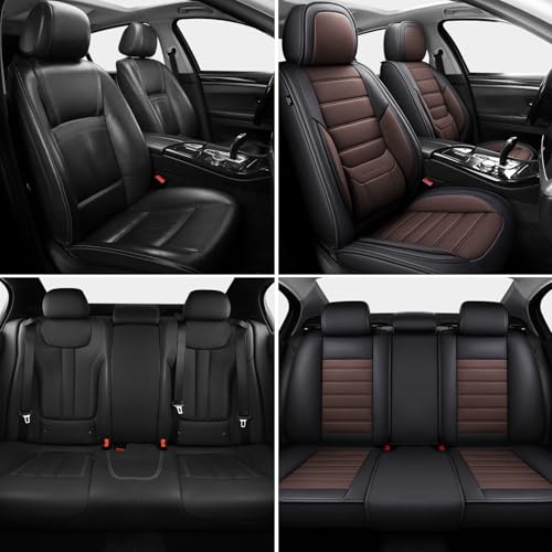 Image of MINGBRON Car Seat Covers Full Set, Brown Car Seat Cover Lumbar Support, Car Seat Protector Waterproof, Nappa Leather Car Seat Cushion, Front Seats and Back Fit for Most Cars