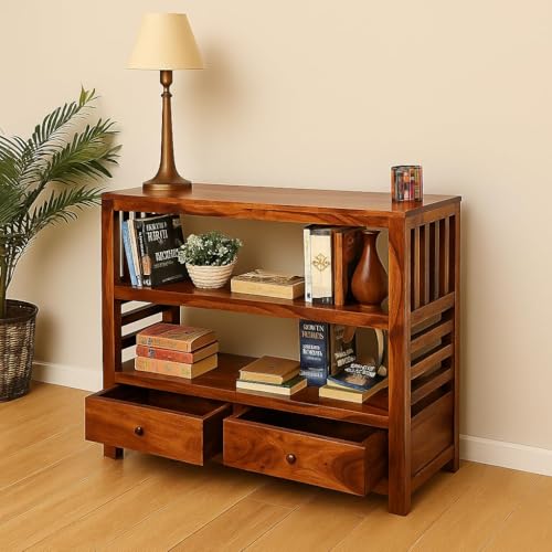 Image of Solid Sheesham Wood Console Table with 2 Storage Drawers, 3 Shelves, Mission Style Bookshelf.