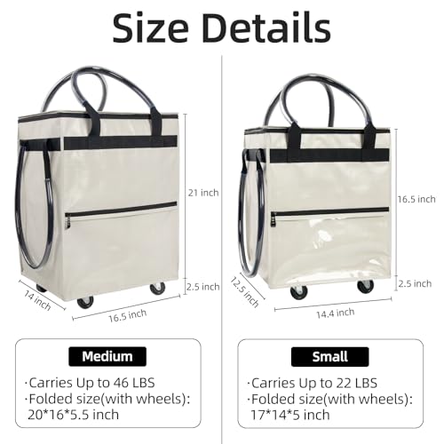 TCOMAKE Reusable Grocery Bag on Wheels, (Medium, Beige) Rolling Shopping Bags with Wheels and Handle, Folding Rolling Tote Trolley, 3 Pockets and Zipper Cover, Carries Up to 46 LBS by TCOMAKE - Used condition - Image 2