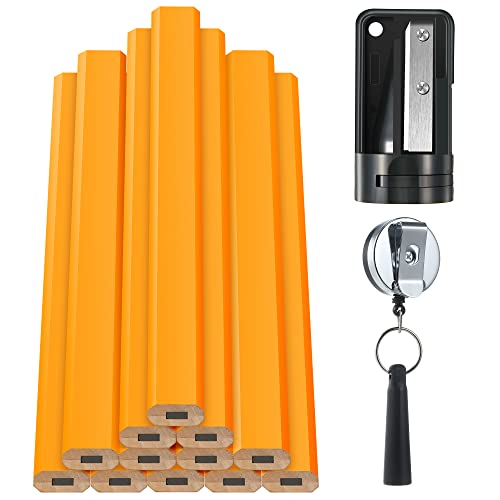 14 Pcs Carpenter Pencils, 7 Inches Flat Octagonal Hard Black Woodworking Construction Pencils Heavy Duty With Pencil Sharpener And Retractable Pull Pencil Holder For Contractor Carpentry (Yellow) #TOP7