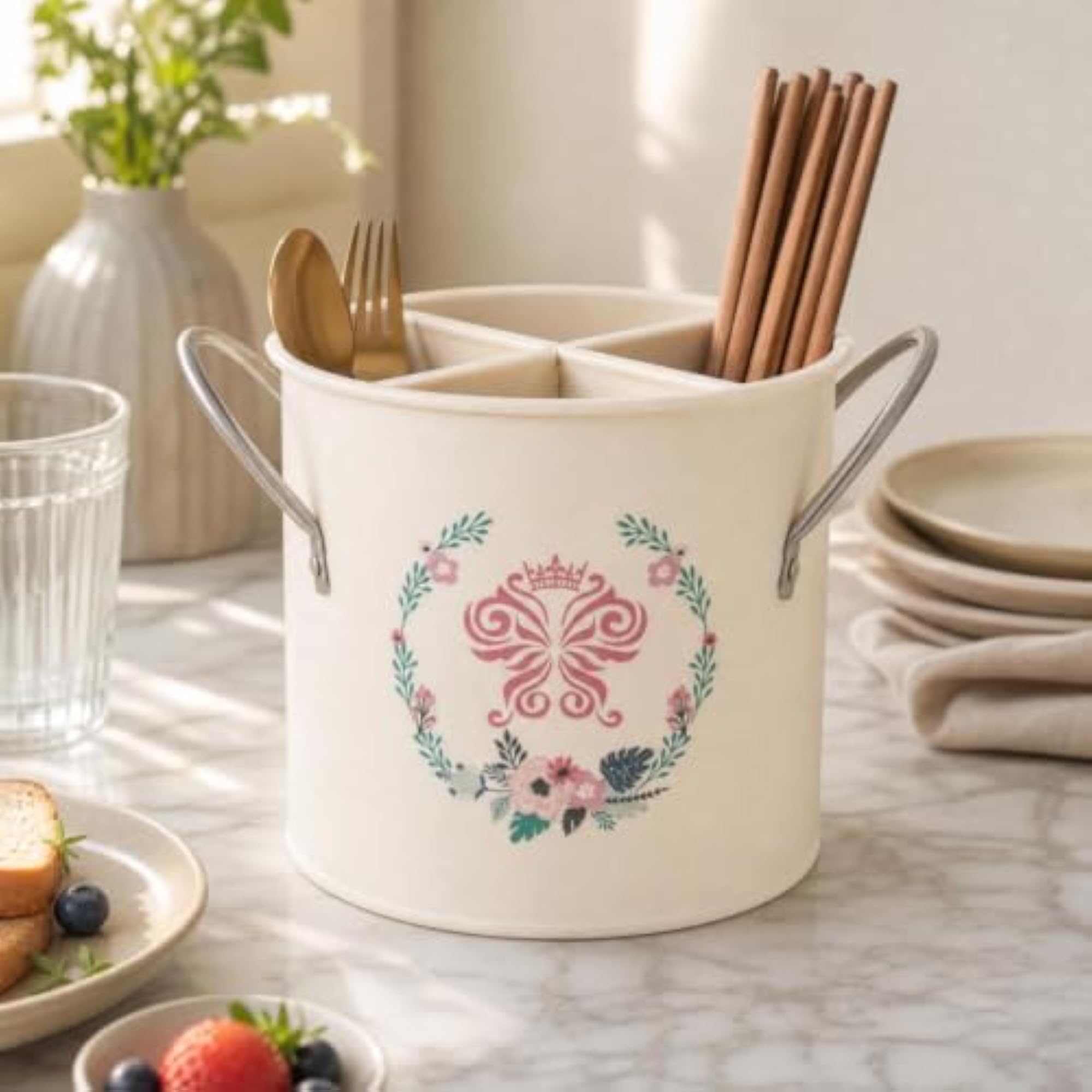 Utensil Holder with Removable Divider, Galvanized Iron Organizer
