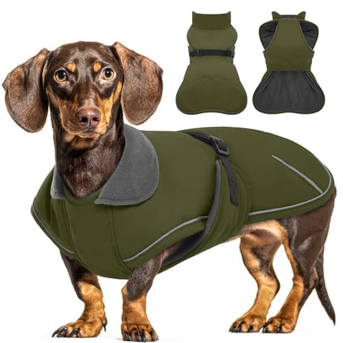 Hjyokuso Hundemantel Dackel M, Winddichter Wasserdichter Wintermantel Für Dackel Hunde, Hundejacke Für Kleine Hunde XS, Hundemantel Winter Mit Bauchschutz Leinenloch, Winterjacken Für Hunde-Armeegrün