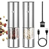 Grado de molienda ajustable: juego de sal y pimienta eléctrica gira en el sentido de las agujas del reloj en partículas finas y en sentido contrario a las agujas del reloj en partículas finas (capacidad individual: 60 ml). Al girar el botón giratorio en la boca de moler, se puede ajustar el grano grueso de las especias. Hay 6 niveles de grueso a extra fino. Adecuado para sal, pimienta y otras partículas sólidas, etc. Perfecto para el hogar, la cocina y los restaurantes.