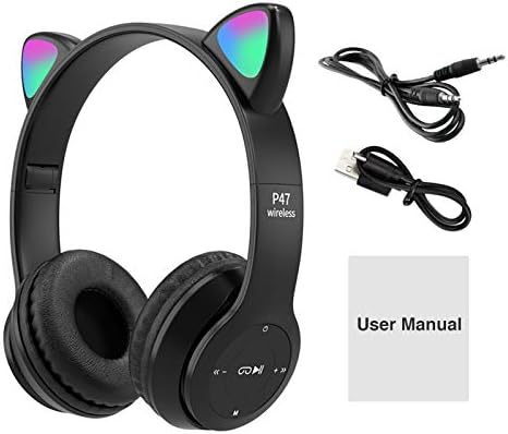 DASNTERED Cute Cat Ears Wireless Gaming Headset, Bluetooth 5.0 Headphones with LED Lights | Foldable, Comfortable, Adjustable Gaming Headphones for Kids Adults(Black)