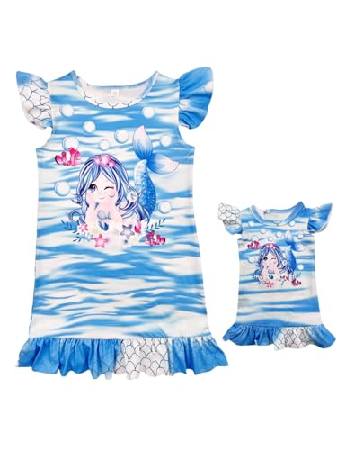 Bow Dream Girl Dress Cute Cartoon Party Birthday Holiday Matching Clothes for Girls Blue Mermaid