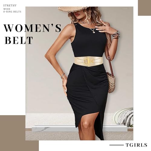Tgirls Women's Elastic Belt Vintage Wide Waist Belts Gold O-Ring Buckle Stretch Belt for Women Dresses4