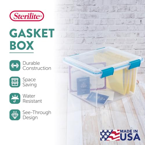 Image of Sterilite 32 Qt Gasket Box, Stackable Storage Bin with Latching Lid and Tight Seal, Plastic Container to Organize Basement, Clear Base and Lid, 4-Pack | Heavy-Duty, Stackable, and Organizing Containers for Bathroom, Cabinet, Closet, and Garage, Clear and Blue Aquarium Latches