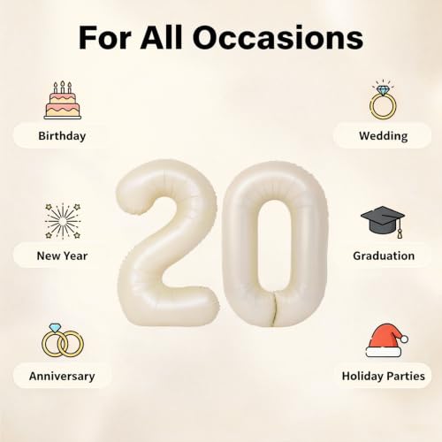 Image of Number Balloons for Birthday Decorations - 40 Inch Large Party Balloons 20, Cream Foil Number Balloons for Boys Girls, Balloons for Party Supplies