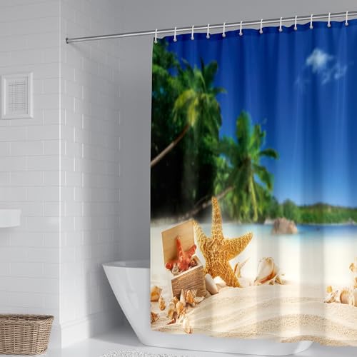 Rideau de douche polyester beige vert bleu 120x180 cm motif palmier