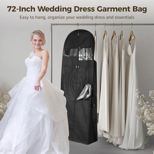 72-Inch Portable Wedding Dress Bag with 12-Inch Gusset, Zippered Garment Bag for Bridal Gown and Accessories3