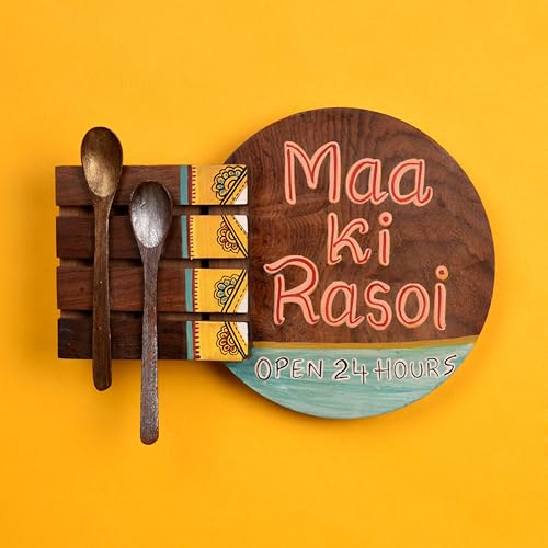 Image of AAKRITI ART CREATIONS Kitchen Decor Maa ki Rasoi Handcrafted in Wood, Floral Art Wooden Wall Hanging Panel Set of 1 Natural Brown | Matte Finish Wooden | Home Decor for Kitchen, Dining Area