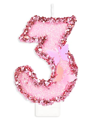 Velas com números de 3 aniversários, borboleta velas de aniversário, rosa lantejoulas decoração para bolos Nfagor velas para aniversários, casamento aniversário de graduação em festa