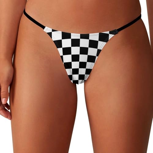 peiyeety Tanga para Mujer, Bragas de Hilo G, Ropa Interior de Bikini con Bandera a Cuadros en Blanco y Negro, Parte Inferior de Tiro bajo