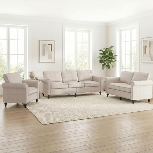 Image of ijuicy 3-Piece Sectional Sofa Set, Modern Upholstered Couch Set-Beige | with 5 inch Thicken Cushion & Nailhead Trim, Living Room Furniture Set- Armchair Loveseat and 3 Seat Sofa