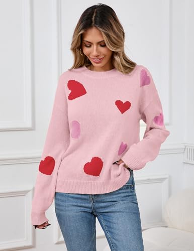 Image of Women's Cute Heart Sweaters Fall Casual Long Sleeve Knit Pullover Tops | 2026 Trendy Crew Neck Ribbed Kint Sweater Oversized Winter Outfit Clothes
