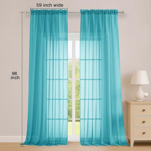 Image of OWENIE Extra Long Turquoise Sheer Curtains 96 Inches Long 2 Panels Set, Soft Lightweight Airy Voile Sheer Curtain for Bedroom Living Room, Rod Pocket Solid Color Farmhouse Curtains, 59 inch Wx96 L Inch