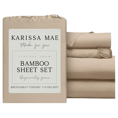 Image of KARISSA MAE Luxury Bamboo Viscose King Size Sheet Set | FSC Certified | Cooling | Ultra Soft | 18 inch Deep Pockets | Elastic Corner Straps | Includes Organizer Band [Wheat]
