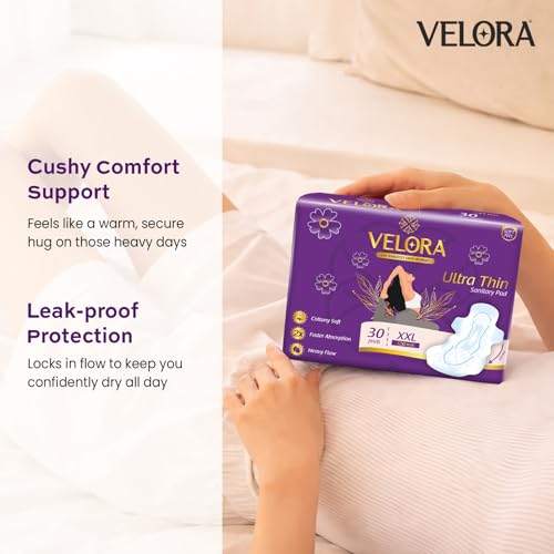 Image of Velora Ultra Thin Trifold Sanitary Pads for Women and Girls, 2X Absorption, Skin Friendly, Heavy Flow, Double Flaps, Cotton-y Soft, Wider Back Sanitary Napkins, 320mm Size, 30 Pads