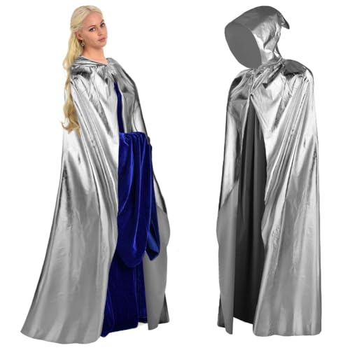 Aomig Silber Umhang Vampir Umhang Jedi Mantel Mittelalter Umhang mit Kapuze Erwachsene Unisex Scream Kinder Cape Kostüm Damen Halloween Costume Maskerade Familienfeier Herren Karneval Cosplay-150cm