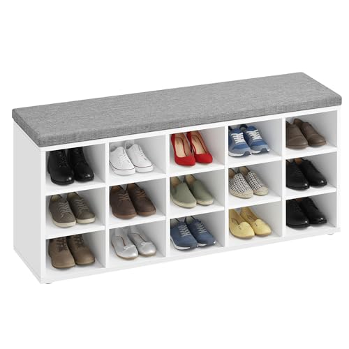 VASAGLE Shoe Bench, Storage Bench with Padded Seat, with Cushion, 15 Compartments, Adjustable Shelves, for Living Room, Hallway, 30 x 105 x 48 cm, Cloud White and Dove Grey LHS15WT