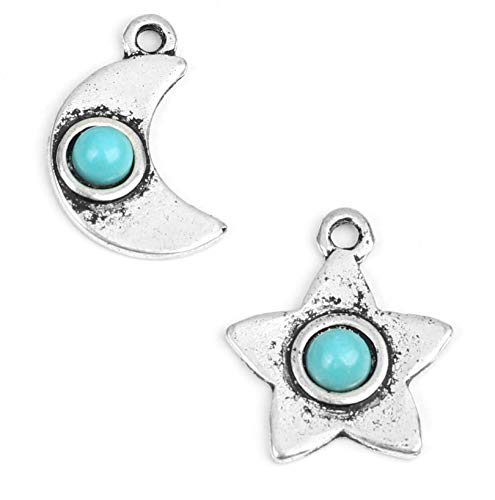JGFinds Star and Half Moon Charm Pendants - 20 Pieces (10 of Each), Imitation Turquoise in Silver Tone, â… Inch, DIY Jewelry Making Supplies