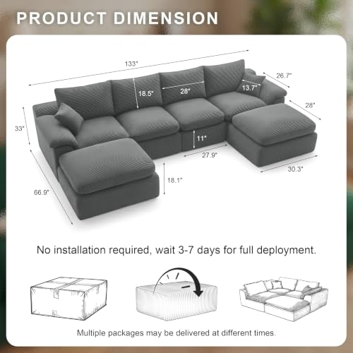 Image of 133 inch Cloud Sectional Couch, Boneless Couches for Living Room, Gray