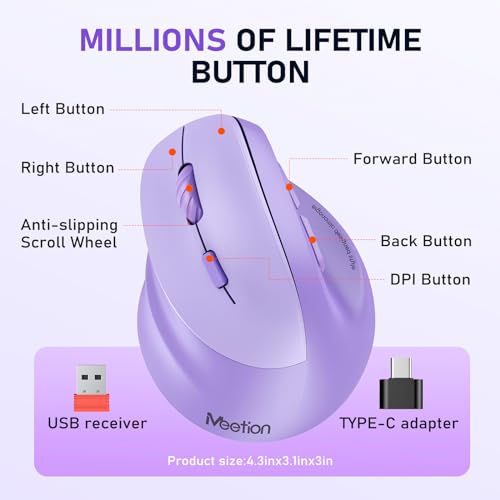 Image of MEETION Left-Handed Ergonomic Mouse, Vertical RGB Wireless Design, Purple | Comfortable vertical grip for left-handed users, rechargeable battery, Bluetooth 5.2 /3.0, USB-A receiver, 4 DPI settings