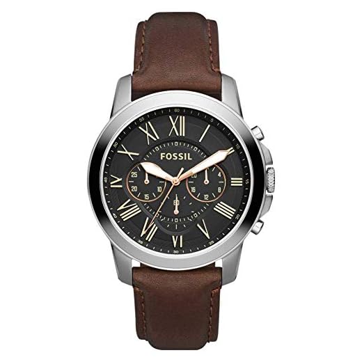 Fossil Reloj Grant para hombre, movimiento cronógrafo de cuarzo, caja de acero inoxidable plateado de 44 mm con correa de piel auténtica, FS4813IE