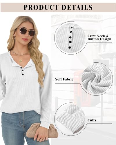 Image of AURUZA Long Sleeve Shirts for Women Henley Shirts Waffle Knit Tops Casual Loose V Neck Tunic Tops Fall Outfits Waffle TShirt