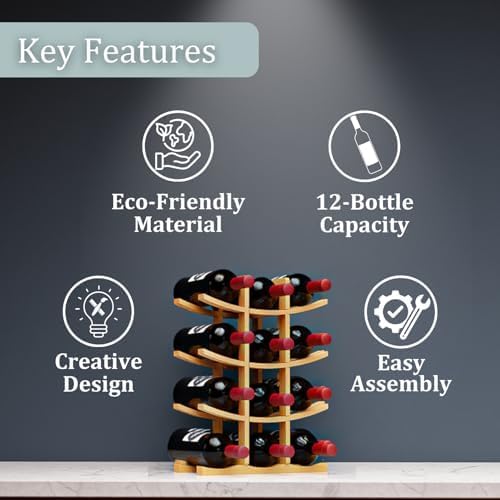 12 Bottle Bamboo Small Wine Rack for Countertop, No Tools Assembly, Modern Lattice Design, Durable, Wine and Liquor Bottle Storage for Small Spaces