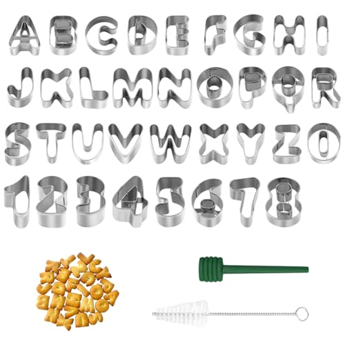 35 Stück Buchstaben Ausstecher Ausstechformen Buchstaben und Zahlen Ausstecher Edelstahl Cookie Cutters Set Plätzchenformen mit Reinigungsbürste und Entformungsstab für Kekse Fondant