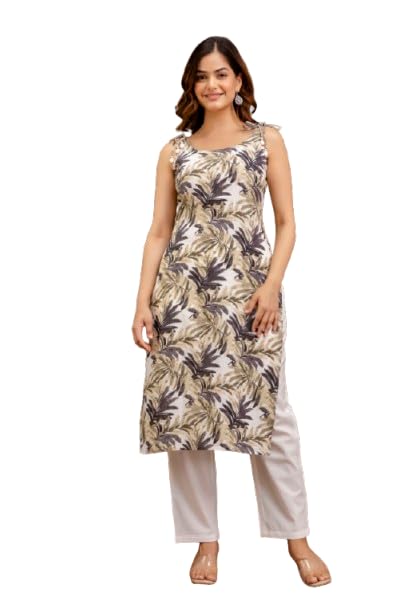 Image of Women Floral Printed Sleeveless Round Neck Pure Cotton Straight Kurti