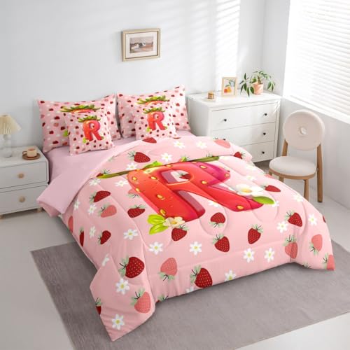 Image of Feelyou Girls Pink Red Strawberry Full Comforter Set with Sheets for Kids Boys Girls Initial Letter R 7 Pieces Bedding Set Princess Strawberry Bed in a Bag Room Decor Soft Lightweight Microfiber