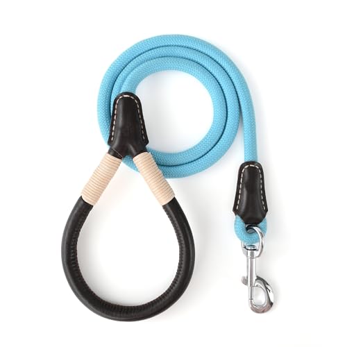 Mile High Life Leather Handle Dog Leash, 6 FT/5 FT/4 FT Rope Leash for Small Medium Large Dogs (Blue, 4FT) 48 Inch-1/2" Leather Handle-Blue
