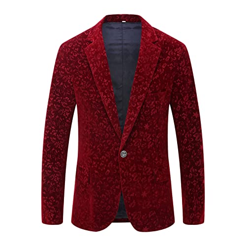 Men One Button Floral Velvet Blazer Luxury Printed Slim Fit Stylish Dress Suit Paisley Wedding Prom Dinner Jacket (Red,3X-Large)