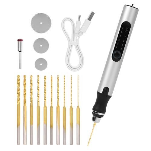 Adorila 3-Speed Cordless Mini Drill Pen with 10 Small Drill Bits, Rechargeable Electric Hand Drill, Resin Drill Set for Jewelry Making Plastic Wood Keychains DIY (Silver)