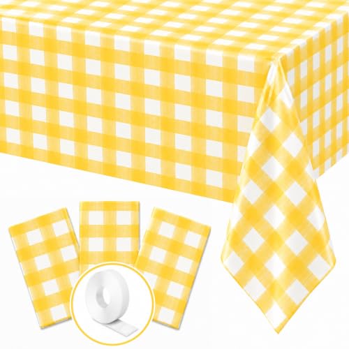 Image of Blue Orchards Yellow Gingham Table Cover (Pack of 3 with 20 Glue dots) - 54 inchx108 inch XL - Yellow and White Checkered Picnic Tablecloth, Baby Shower Decoration, Camping, Outdoor Birthday Party Supplies
