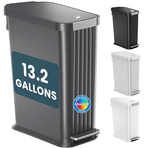 Image of iTouchless 13.2 Gallon / 50 Liter Dog Poop Trash Can with Lid & AbsorbX Odor Filter, Indoor & Outdoor Rust-Proof Pet Waste Bin, Soft-Close Step Pedal, Large Capacity Recycle Bin, Matte Gray