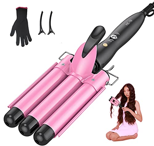 Hair Crimper,Hair Waver 3 Barrel Curling Iron Wand 1 Inch Crimper Hair Iron Tourmaline Ceramics Triple Barrels Hair Crimper Heat Up Quickly Mermaid Beach Waves Curling Iron Pink