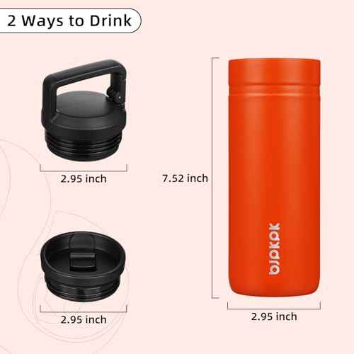Image of BJPKPK 20 oz Insulated Travel Water Bottle, Coffee Tumbler Stainless Steel | Double Wall Vacuum, Leakproof, Thermal, Keeps Hot /Cold, BPA Free, Dishwasher Safe, Spill Proof, Wide Mouth, 2 Lids, Orange