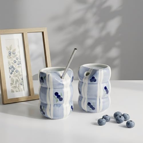 Image of SNS Ceramic Tumbler Mug Set with Straw (Pack of 2) | Coffee, Tea, Iced Beverage & Juice Cup | Hot & Cold Drinkware | Aesthetic Designer Mug for Home, Office & Gifting (Blueberry Breeze Tumbler)