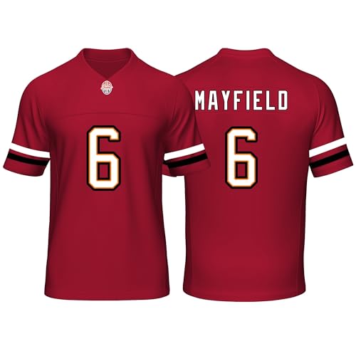 Custom Mens/Youth Football Baker Stitched T-Shirt for Sports Fan Mayfield red No Brand/Logos