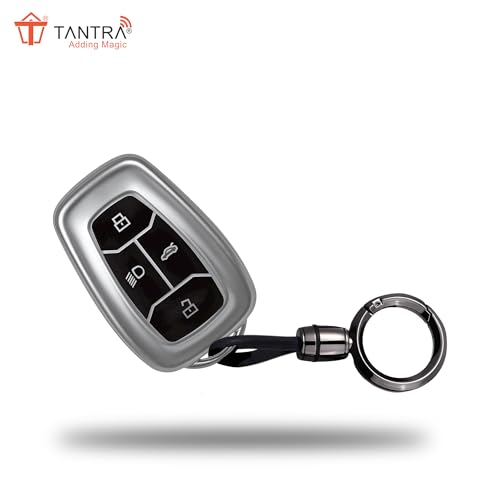 Image of SIAGO TPU Key Cover and Round Keychain Compatible for Tata Nexon | Harrier | Safari | Altroz | Tigor | EV | Punch | Tiago EV Electric 4 Button Smart Key (Grey)