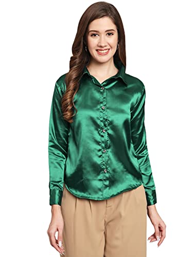 FUNDAY FASHION Women Solid Casual Satin Shirt (in, Alpha, L, Regular, Bottle Green)