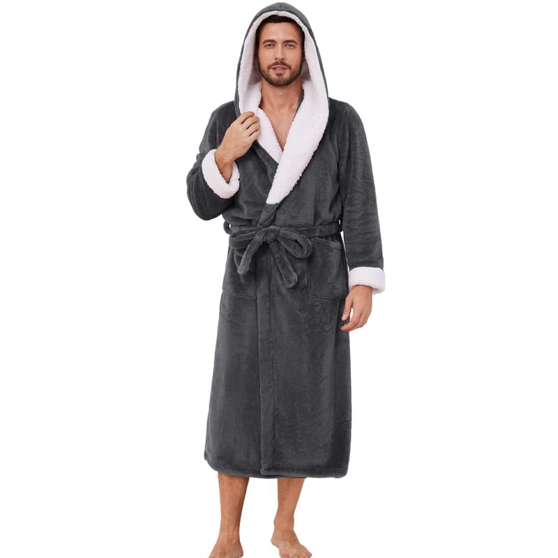 Vulcanodon Mens Ultra Soft Plush Bathrobe with Hood, Warm Fleece Robe with Pockets Spa Robes for Men Cozy Fluffy Fuzzy